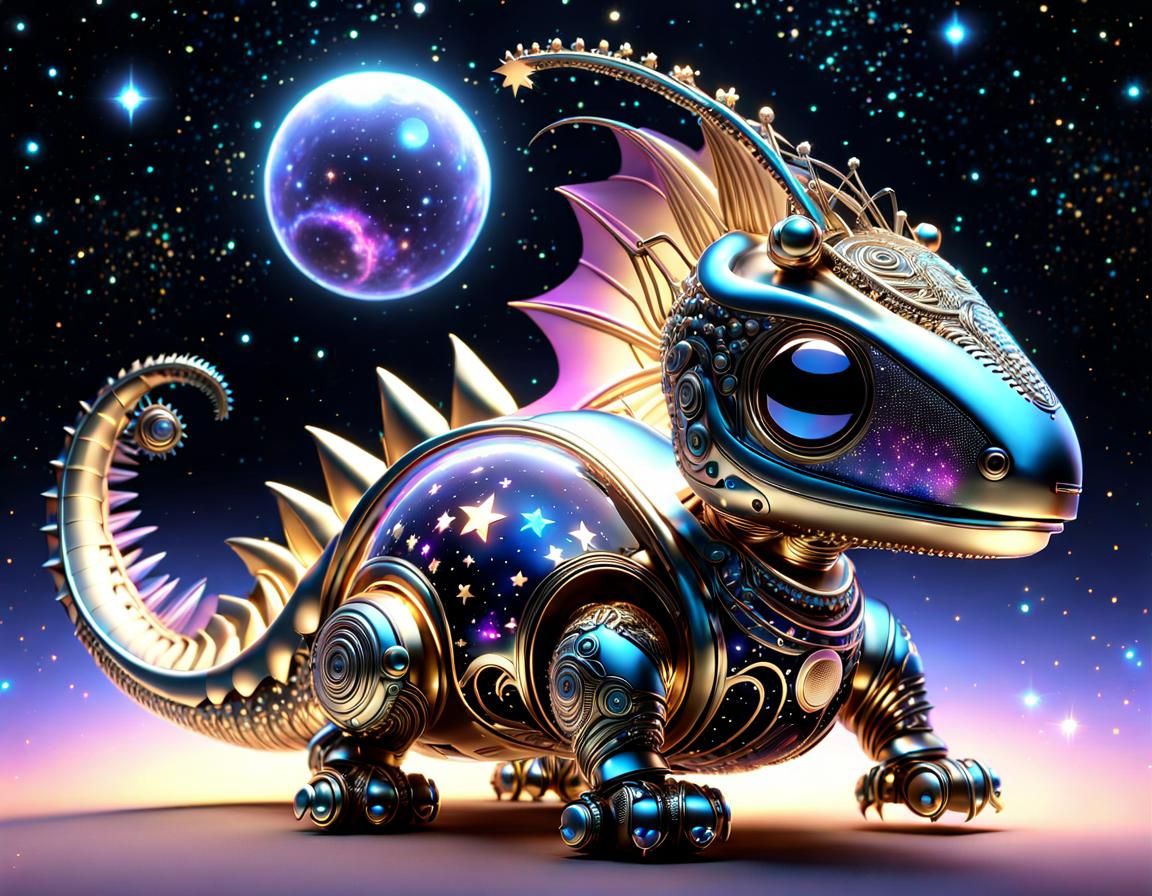 Chibi Robot Dinosaur in Starlit Galaxy