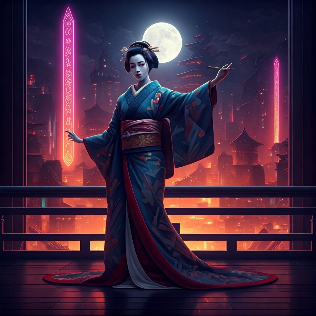 Elegant Geisha Dances in Futuristic Art Deco Cityscape