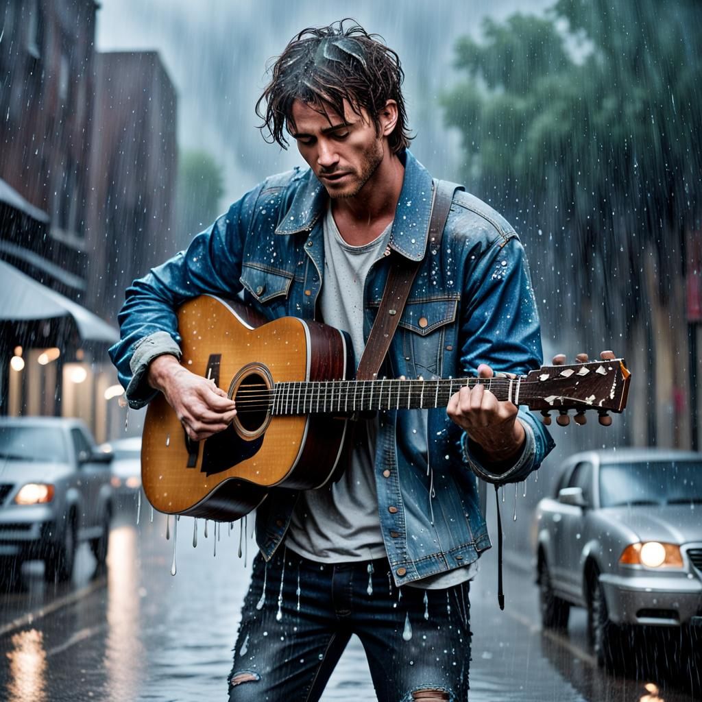 Young Man Plays Guitar in Torrential Rain