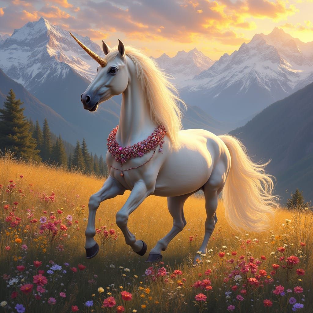 Majestic Unicorn in Wildflower Meadow at Sunset
