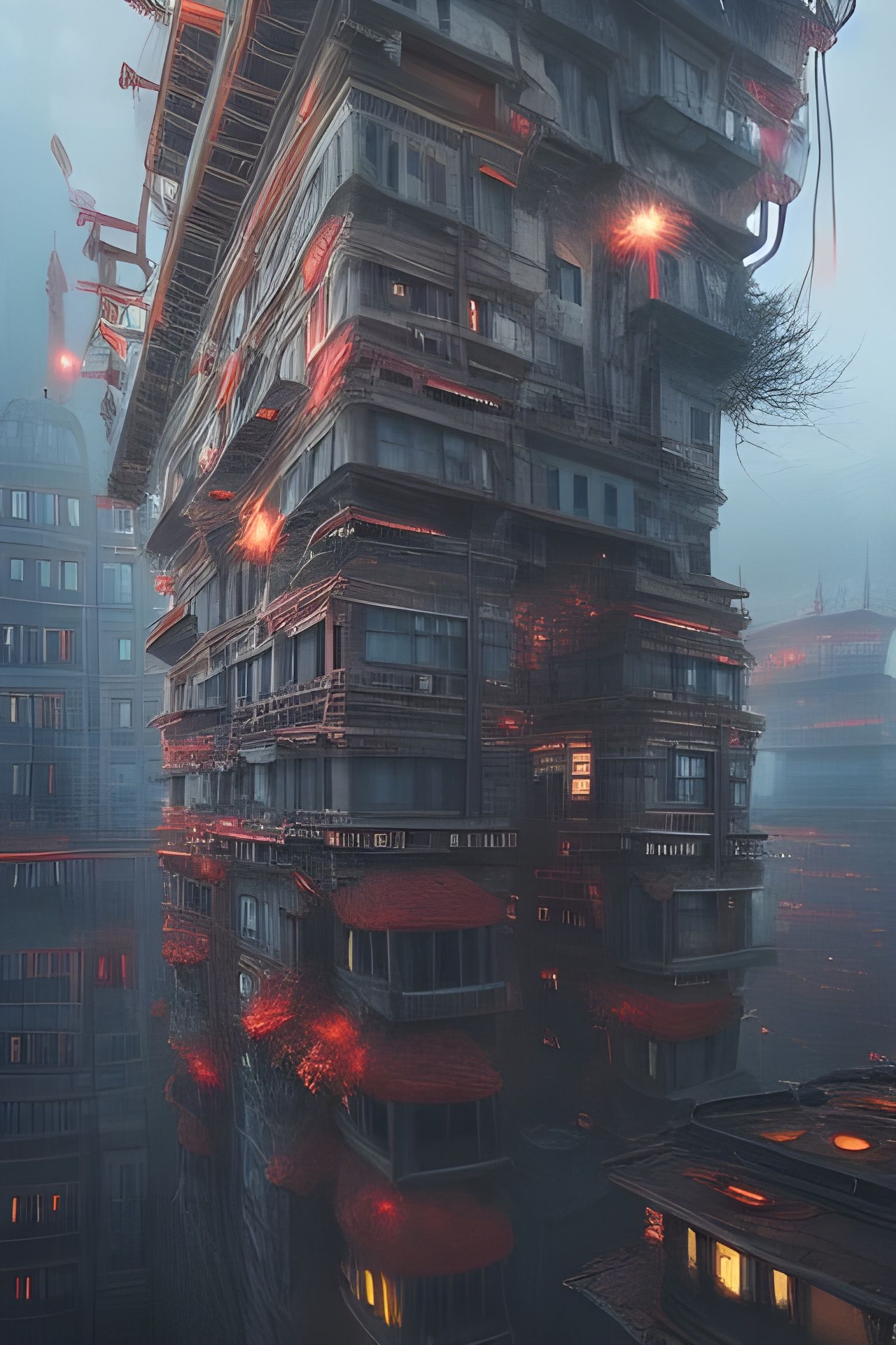 Epic Floating City in Dystopian Biopunk Style