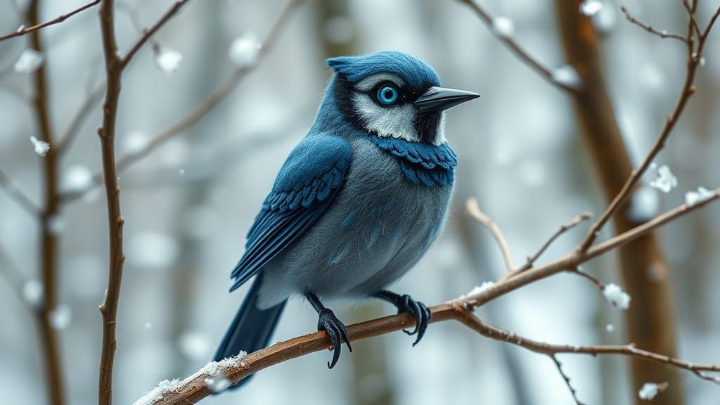 Felt Blue Jay in Blizzard, Storybook Illustration