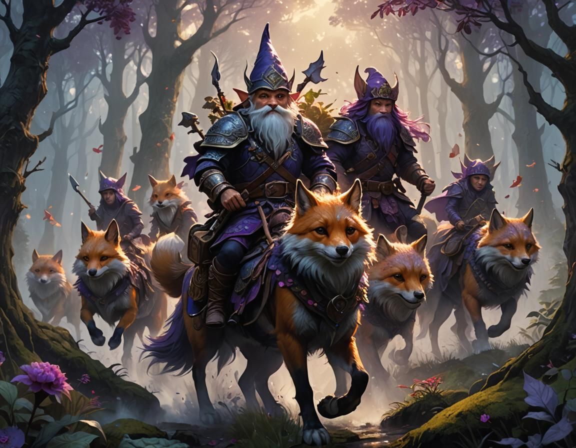 Gnome Warriors on Foxes in Misty Forest