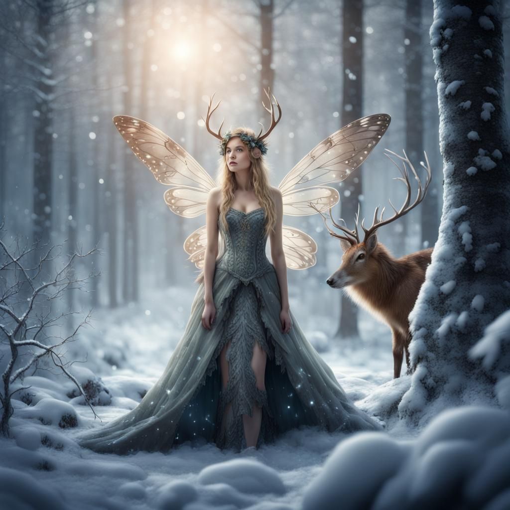 Enchanting Fairy in Winter Forest Digital Painting