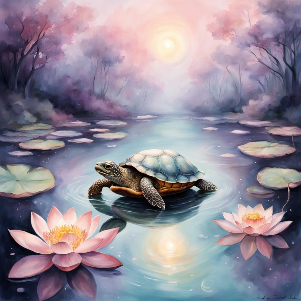 Turtle Rests in Glowing Lotus Flower, Fantasy Scene