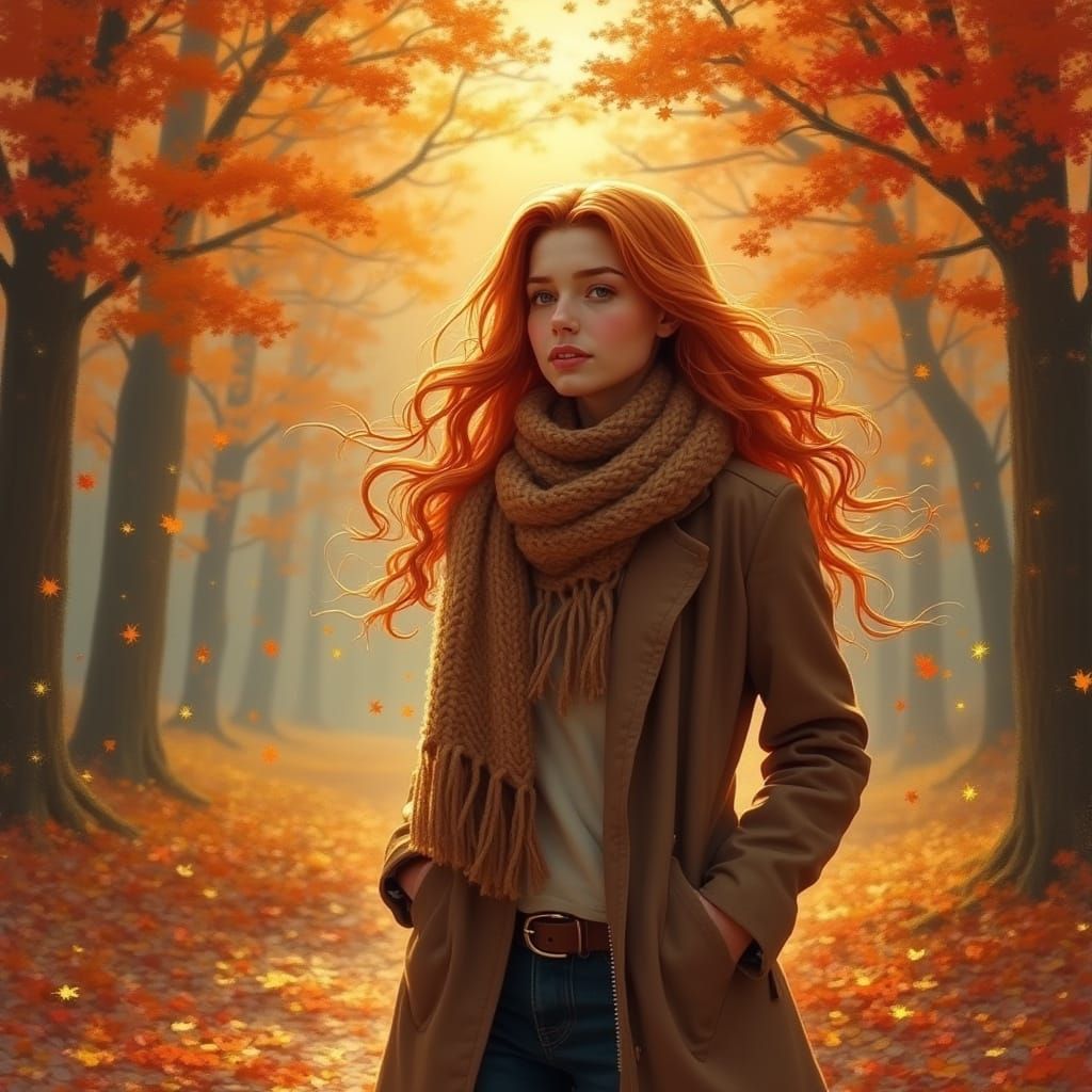 Woman Enjoying Autumn Forest in Impressionistic Style