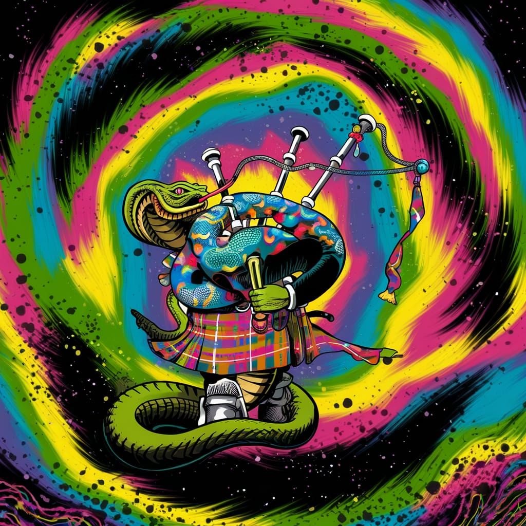 Cobra Plays Bagpipes in Psychedelic Scottish Kilt