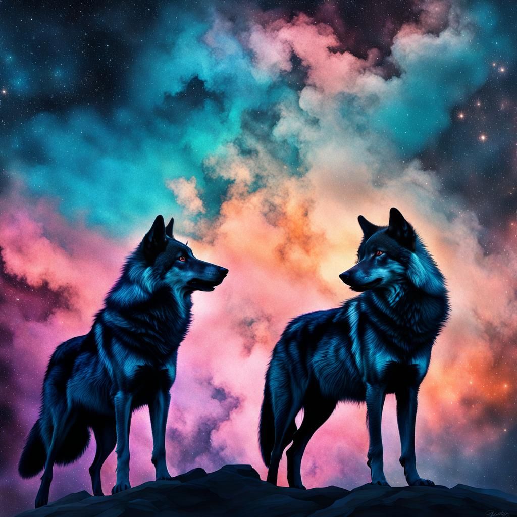 Wolves in Ornate Pastel Galaxy Sunset