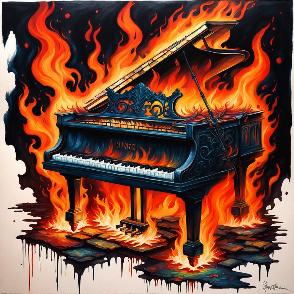 Burning Piano: Gothic Oil Painting in Dark Academia Style