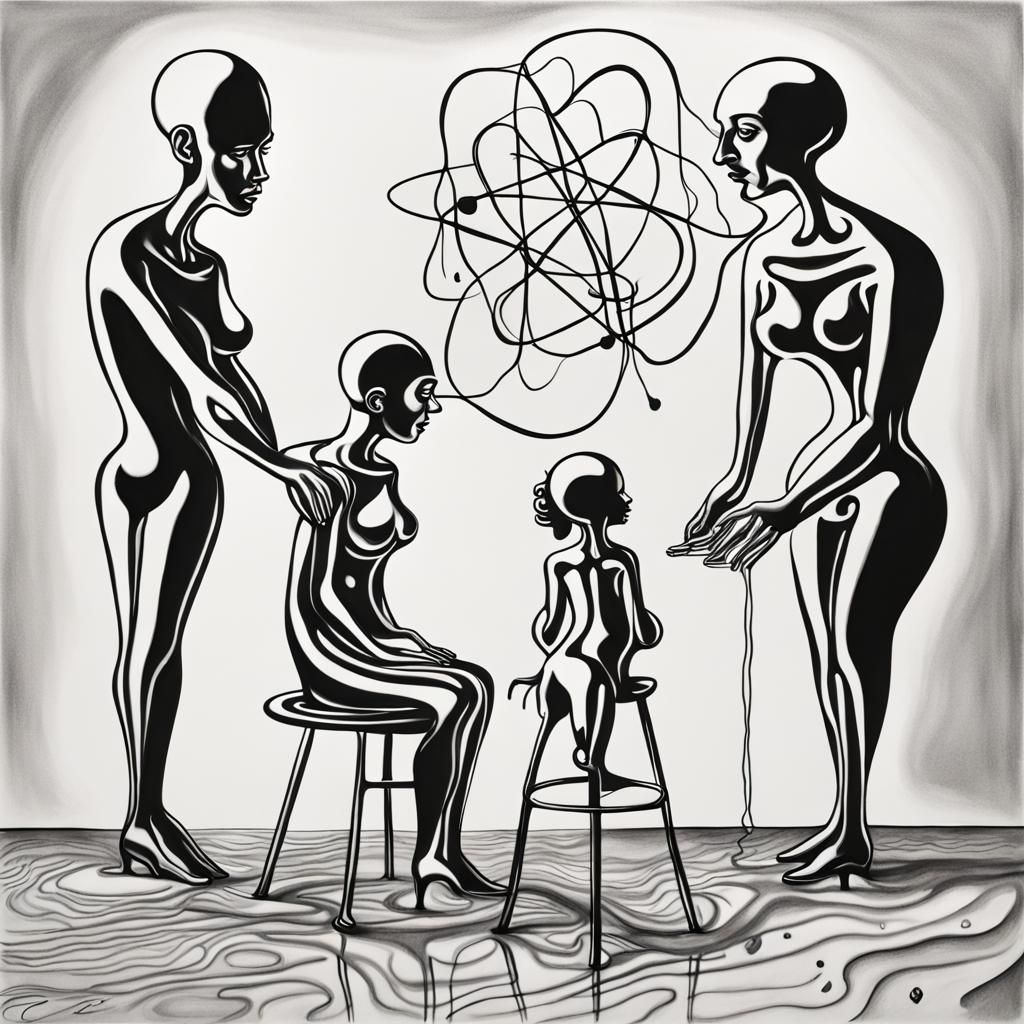 Surrealist Atomic Family in Black and White