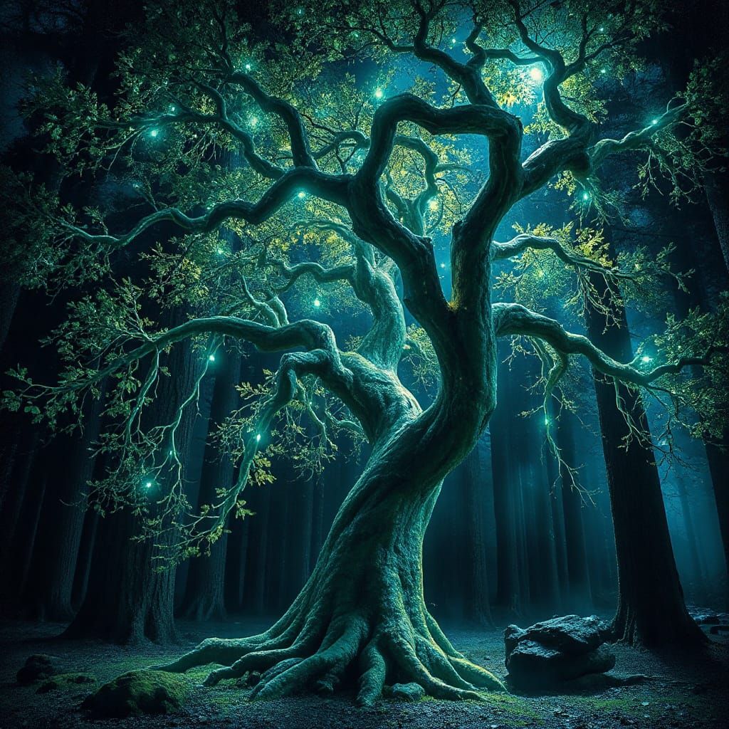 Celestial Spooky Forest: Towering Tree with Glowing Veins
