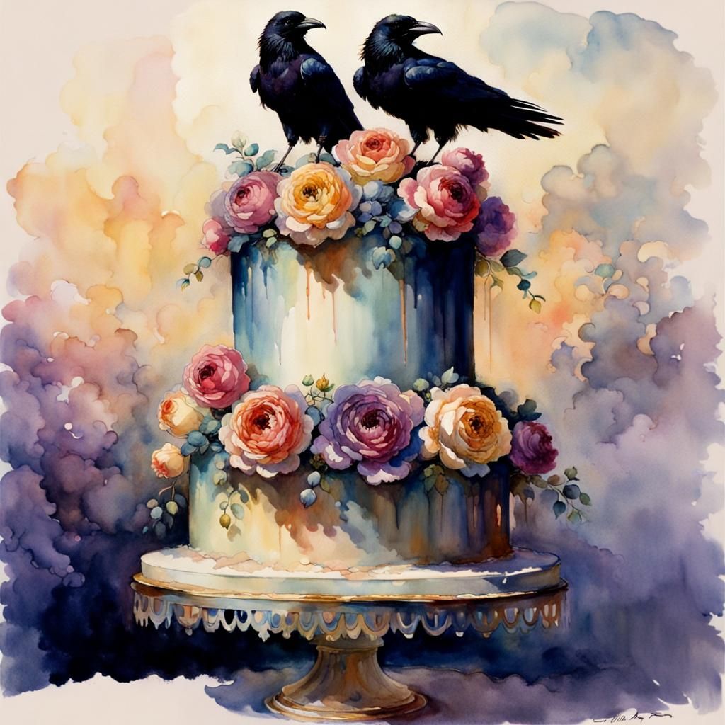 Iridescent Rose Wedding Cake with Raven Couple
