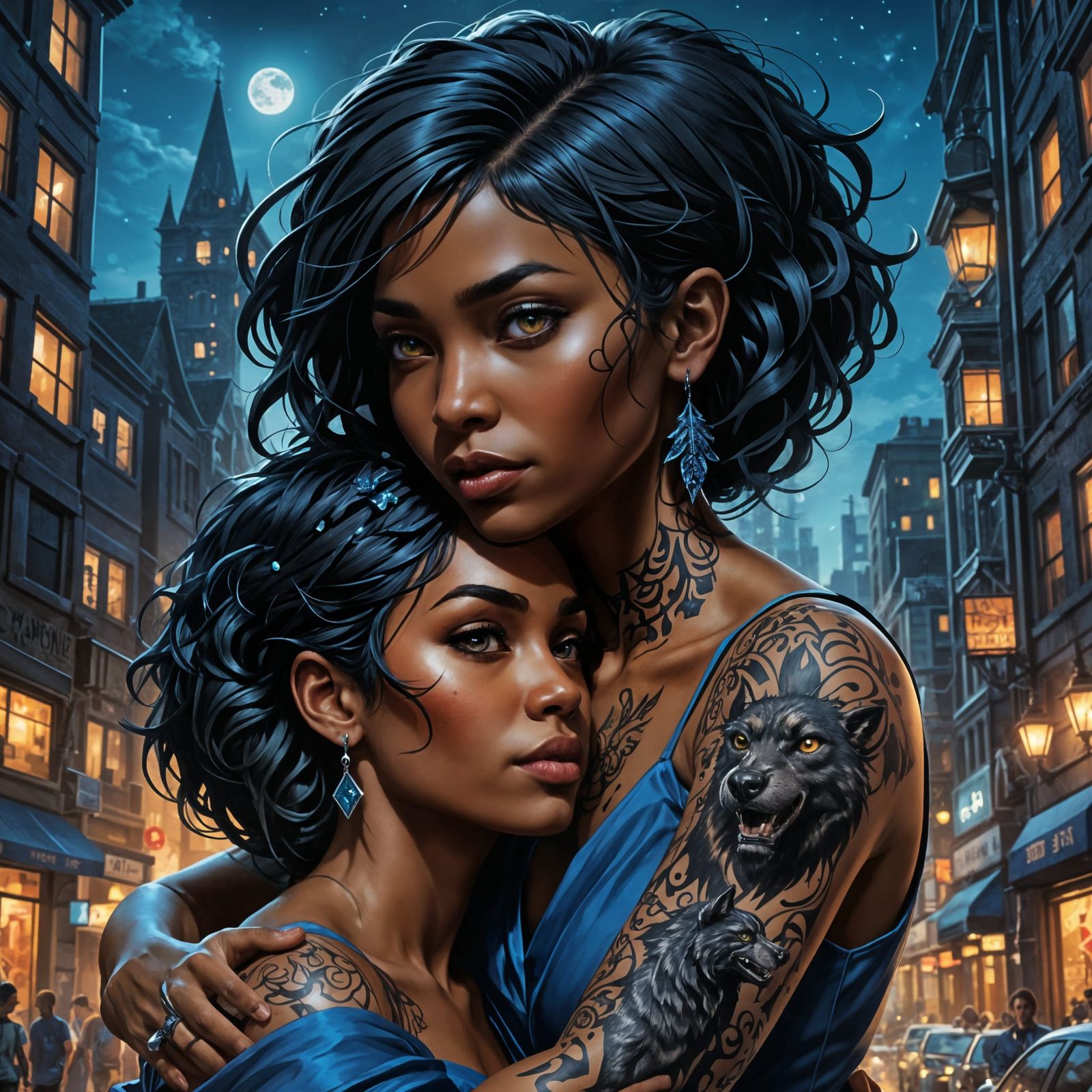 Tattooed Woman Hugs Werewolf in Cityscape