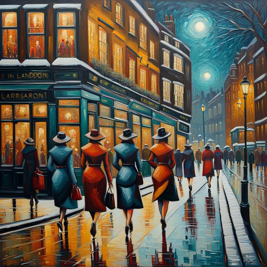 London Nightlife: Women Entering Bar in Expressionist Oil Pa...