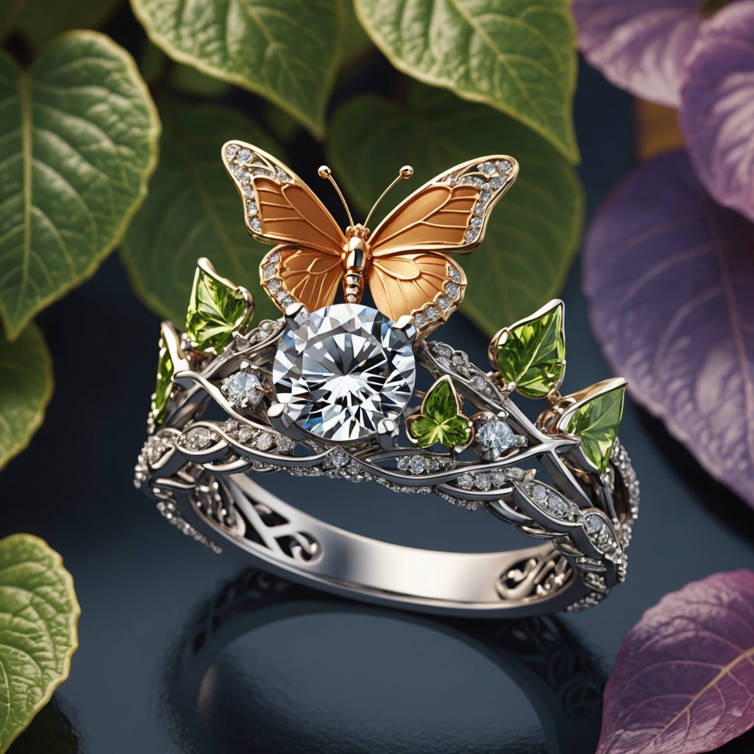 Diamond Ring with Butterfly and Ivy, Hyperrealistic Art