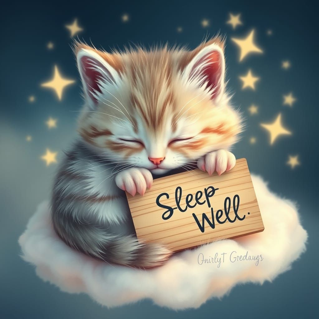 Cute Kitten Sleeping on Cloud in Illustrative Style