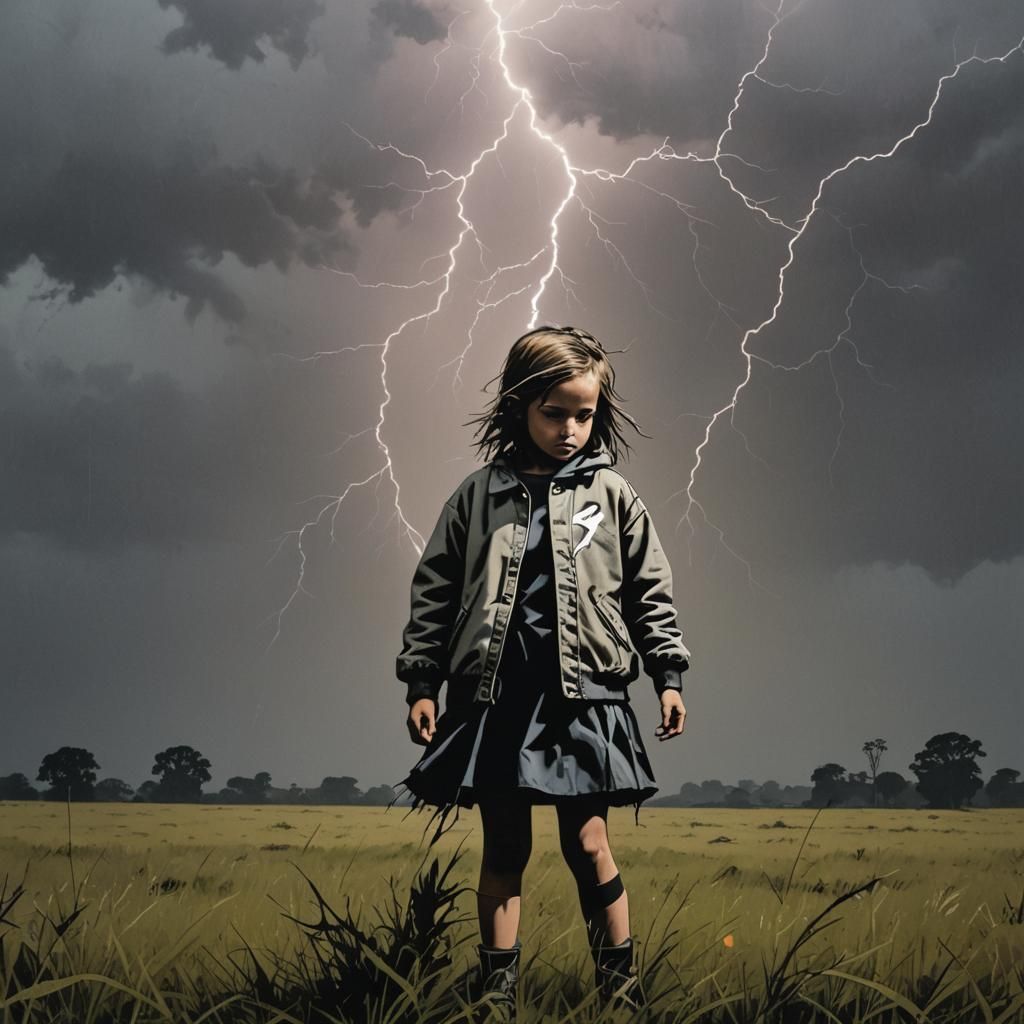 Girl in Lightning Field, Street Art Style