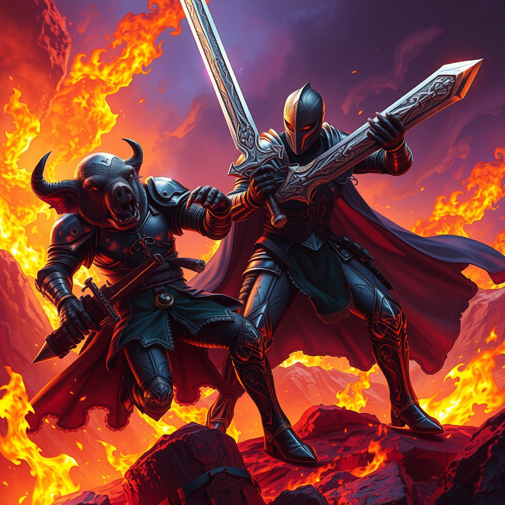 Knight Battles Pig Creature in Fiery Landscape