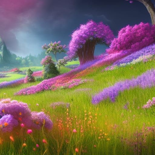 Detailed Flower Meadow Digital Painting