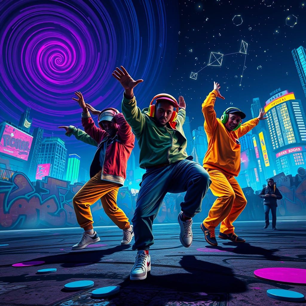 Breakdancers Under Neon Stars in Vibrant Pop Art Cityscape