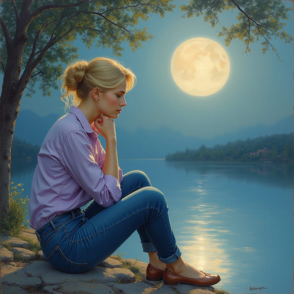 Woman by Moonlight in Art Nouveau Style