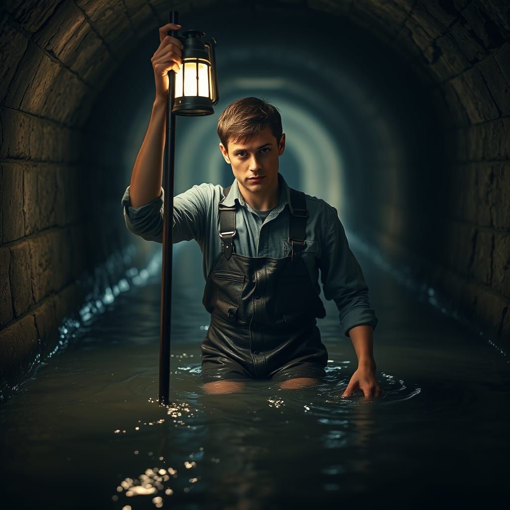 Young Man Explores the Depths of a Dark and Mysterious Sewer