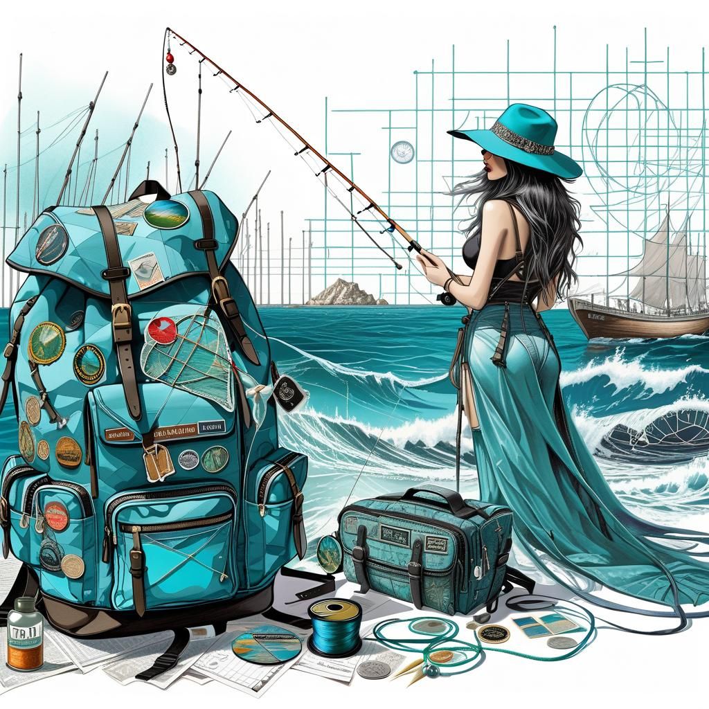Woman Fishing with Travel Pack in Surreal Style