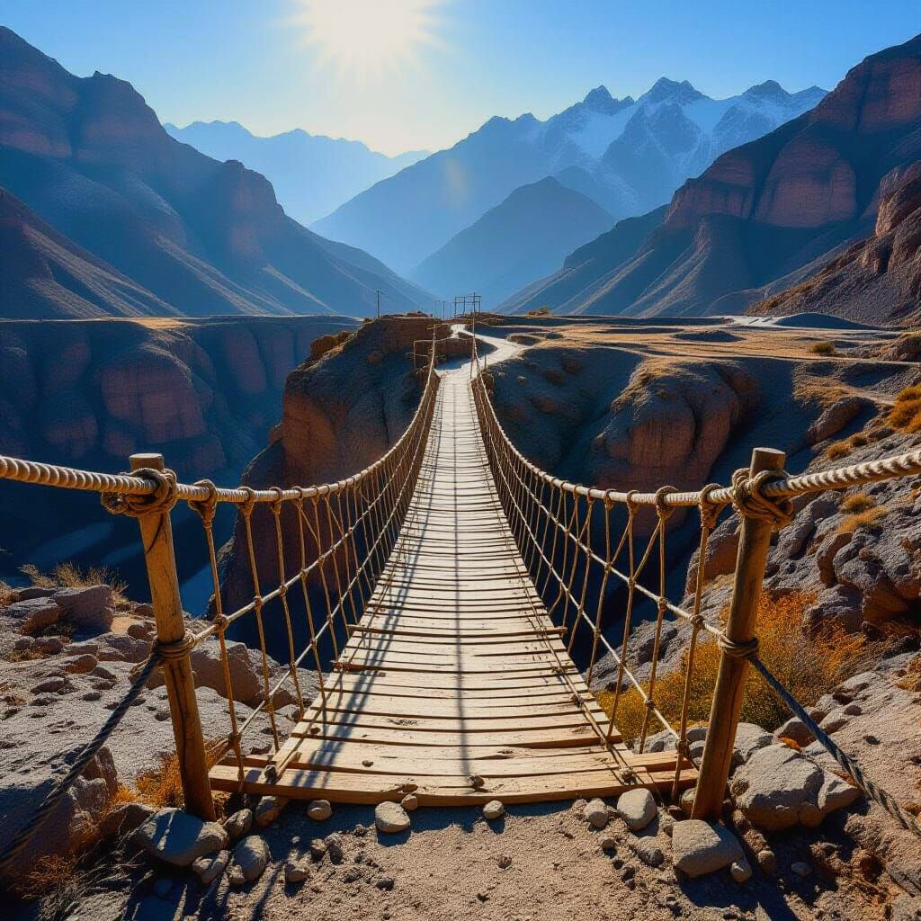 Ominous Rope Bridge Over Mountain Chasm