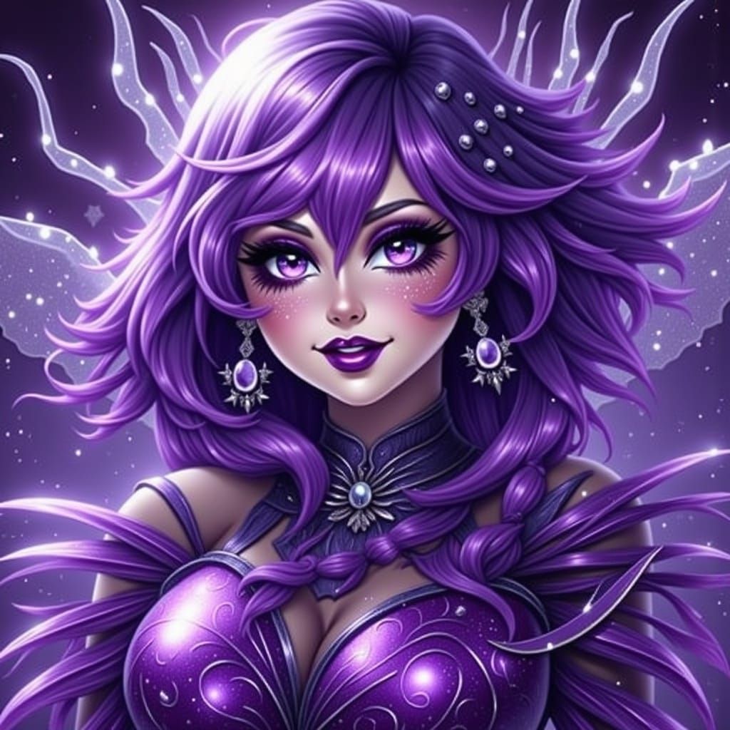 Alluring Figure with Metallic Eyes in Electric Light