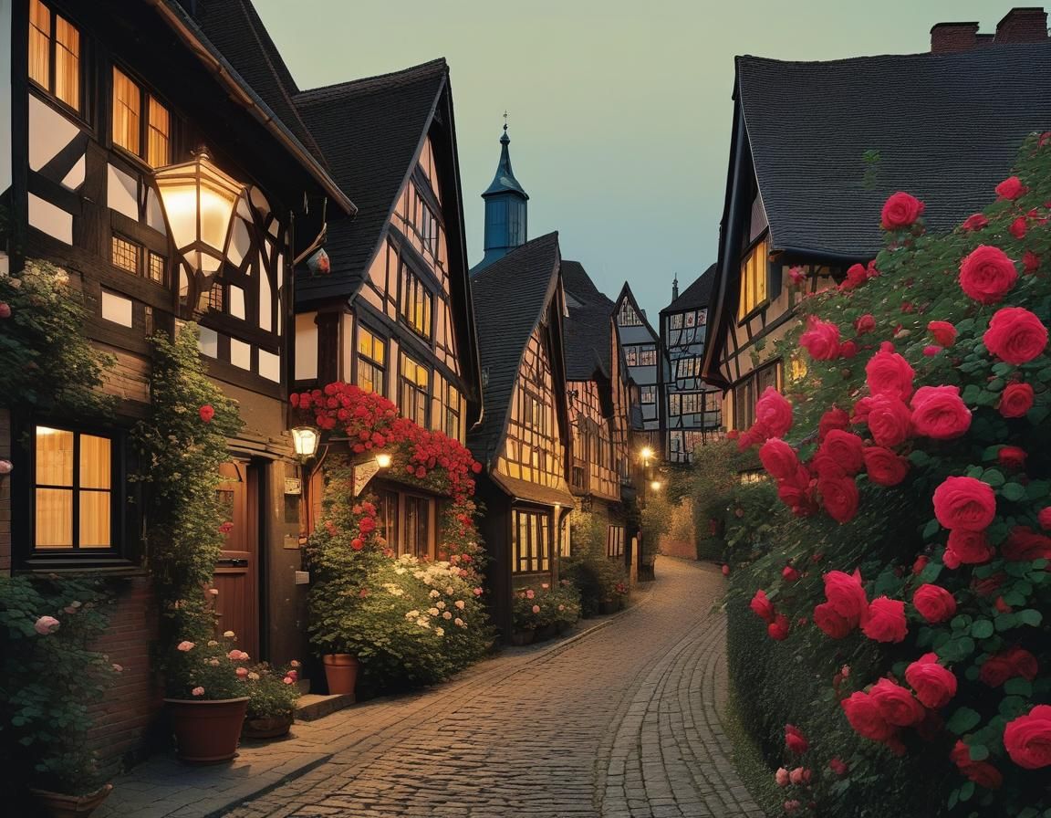 Rose-Covered Half-Timbered Houses at Dusk, Intricate Street ...