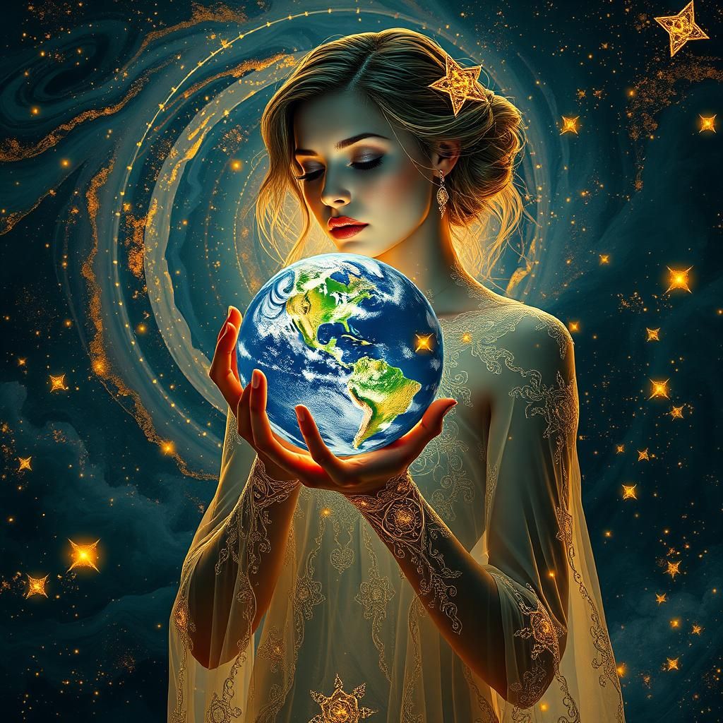 Woman Holding Earth in Bioluminescent Space