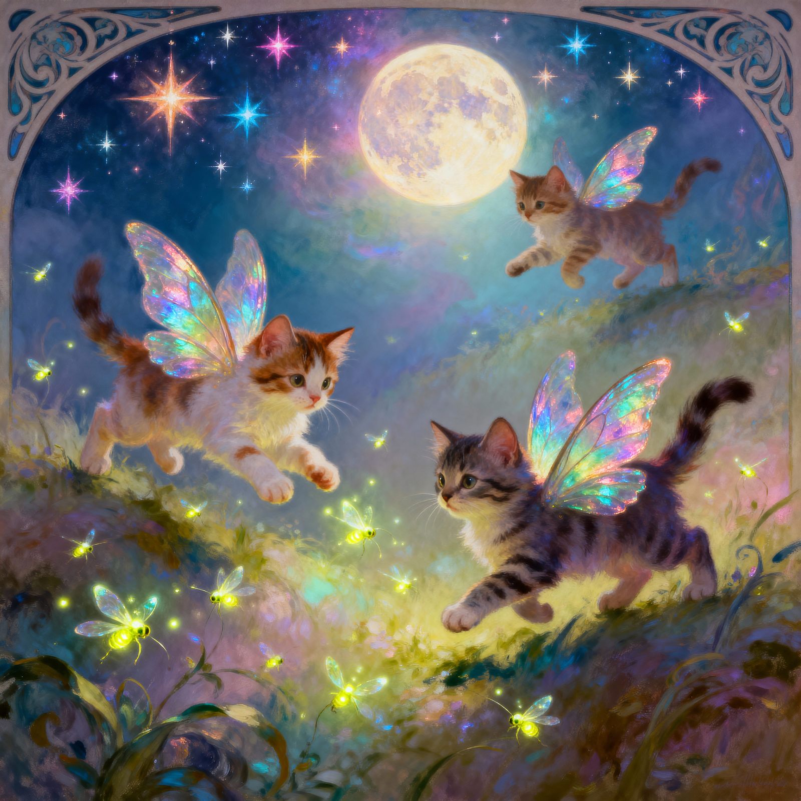 Enchanting Kittens With Iridescent Wings Play Under Ethereal...