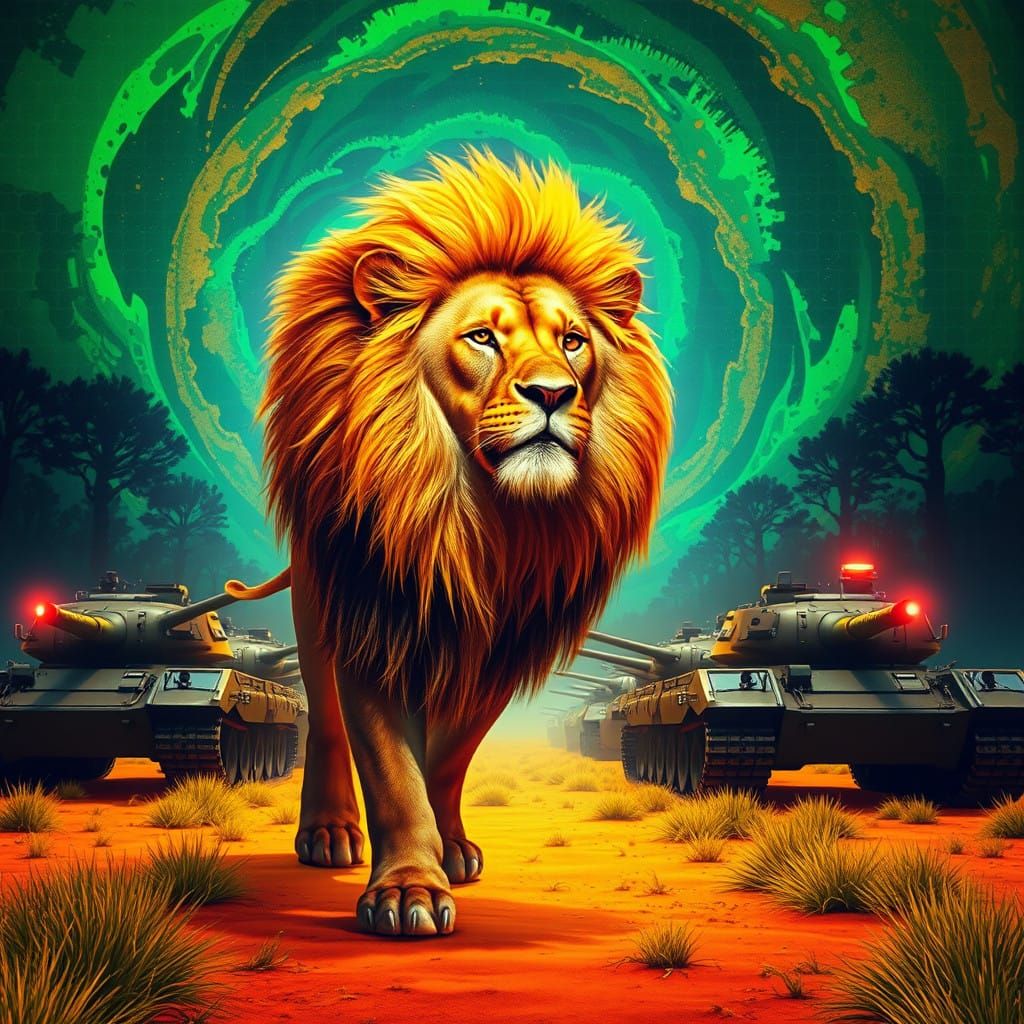 Cyberpunk Lion in Futuristic Landscape