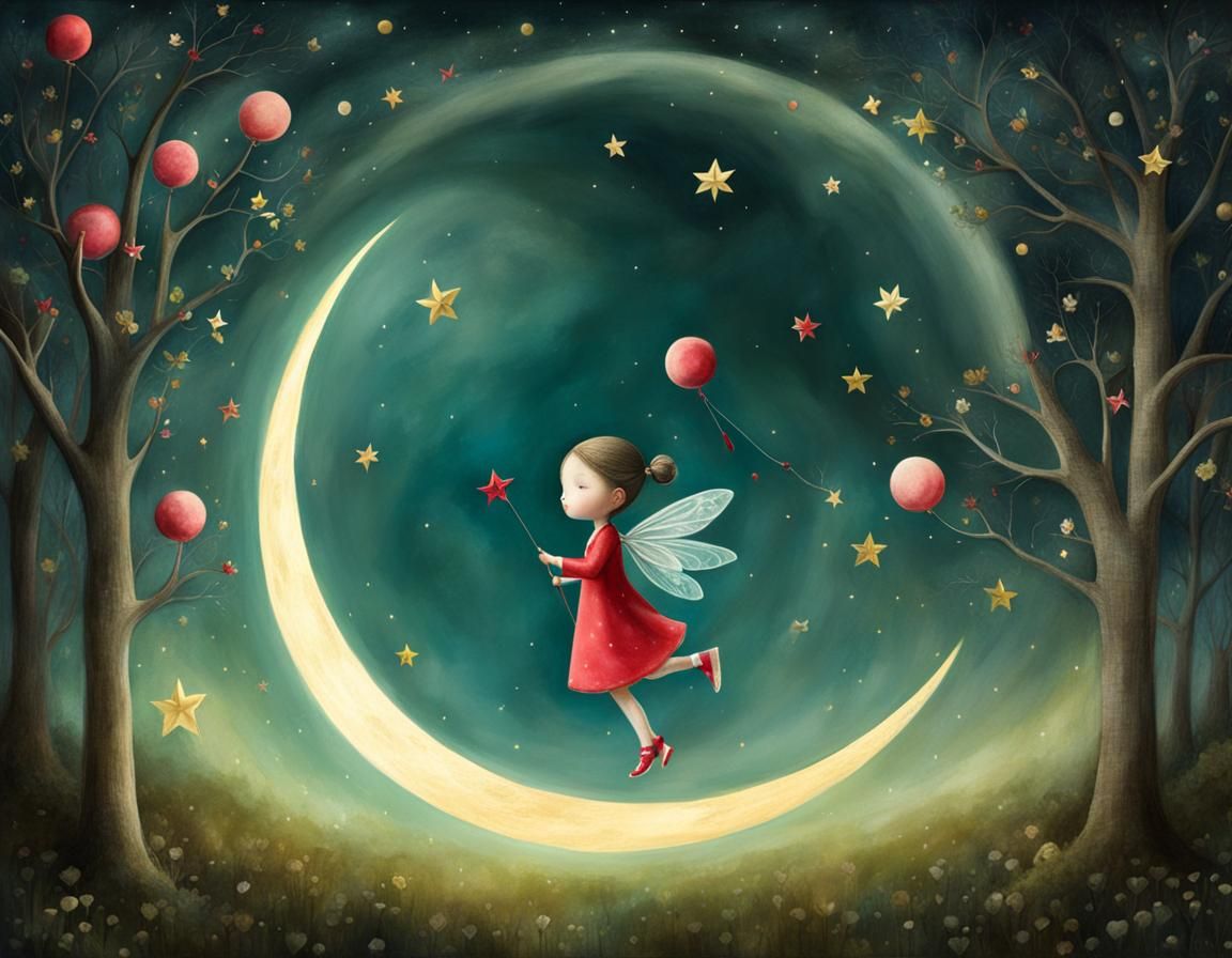 Magical Moon Flight Illustration in Whimsical Style