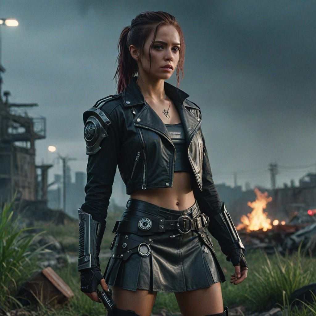 Cyberpunk Warrior Singer in a Fantastical Urban Landscape