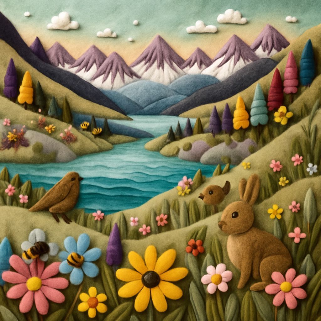 Felted Mountain Landscape with Wildflowers