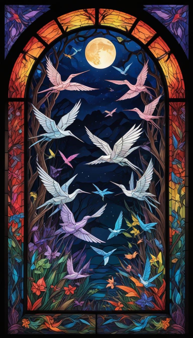 Macabre Moonlit Stained Glass Mural with Origami Cranes