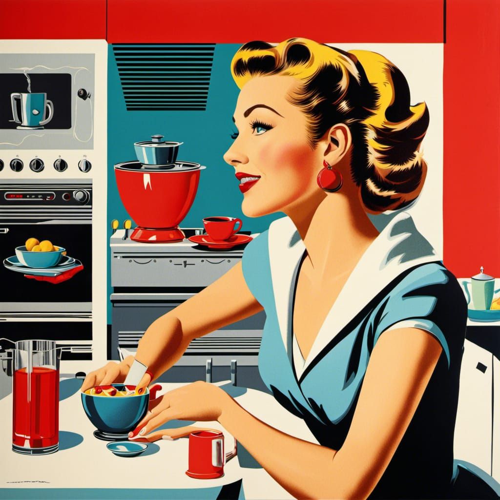 Kitschy 1950s Housewife in Pop Art Style