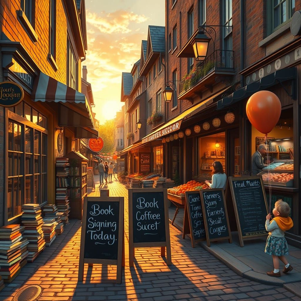 Charming Small-Town Street Scene in Warm Sunset Light