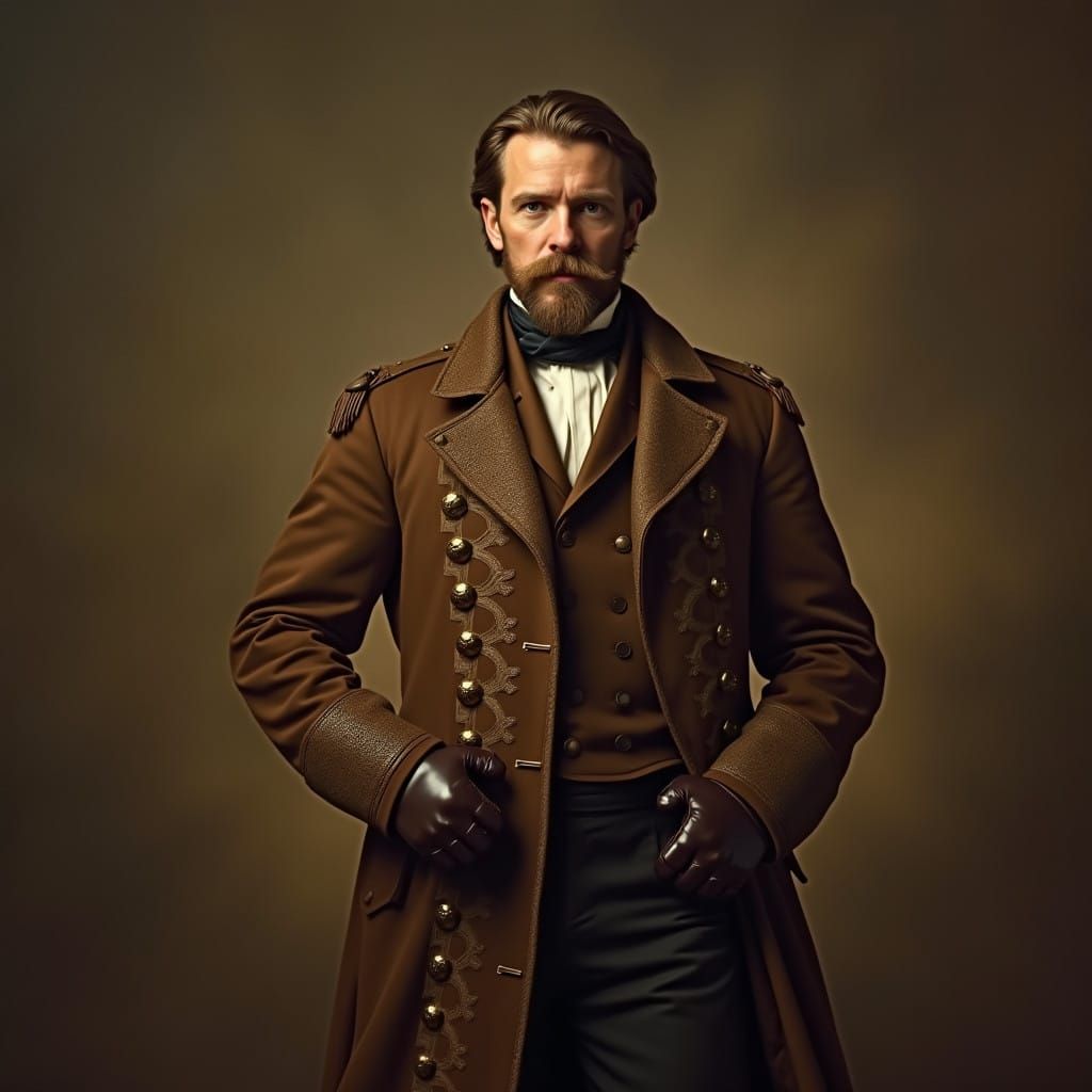 Regency Era Soldier in Earth-Toned Coat with Intricate Embro...