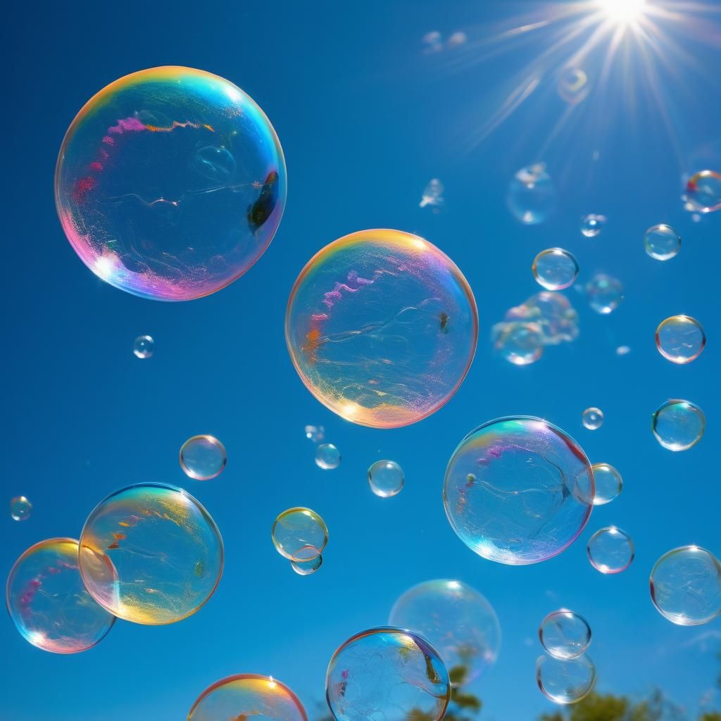 Neon Soap Bubbles Adrift in Blue Sky