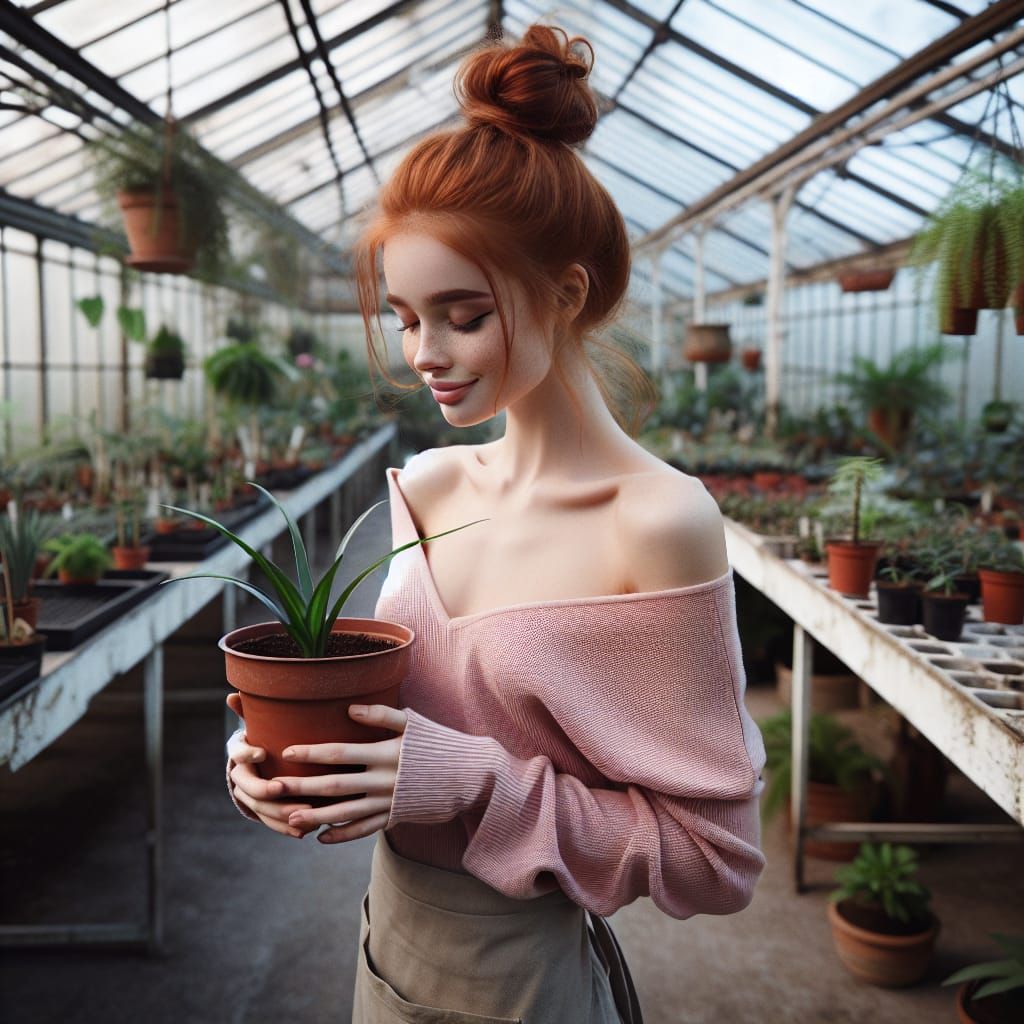 Redhead Girl Holding Plant in Greenhouse