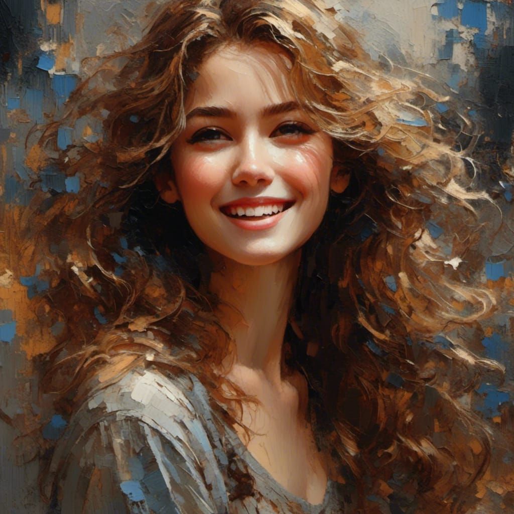 Beautiful Woman Laughing on Beach as Oil Painting