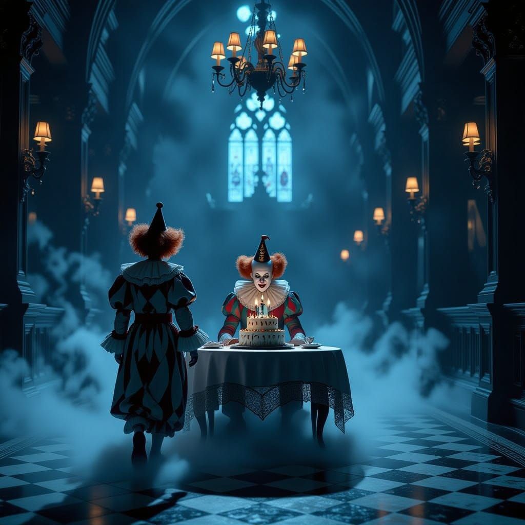 Eerie Clown Approaches Ghost Boy's Gothic Birthday Party
