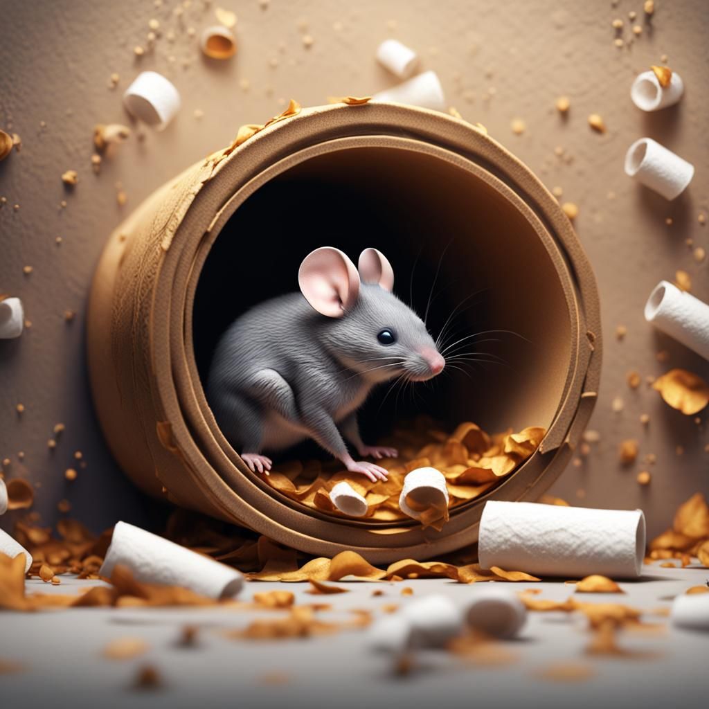 Mouse Sleeping in Toilet Paper Roll, Detailed Art