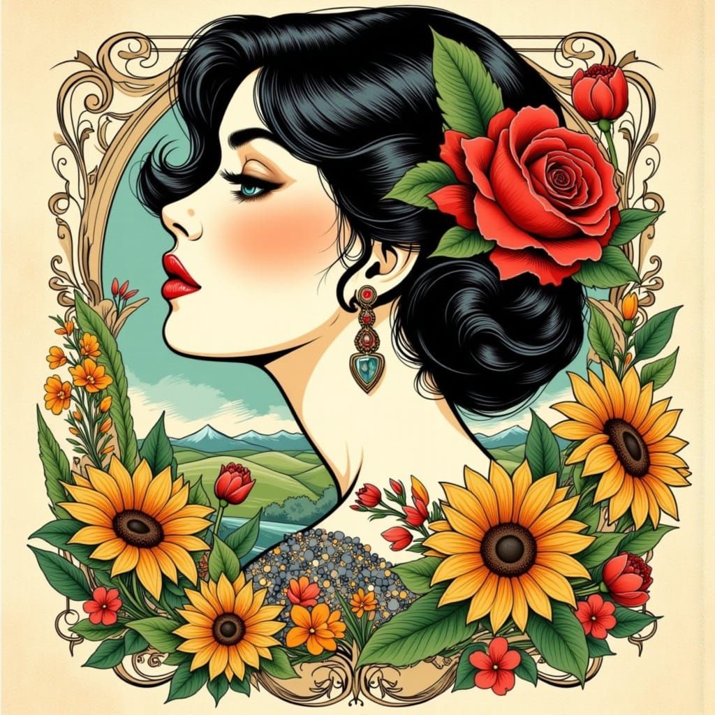 Neo Art Nouveau Tattoo of Woman with Flowers