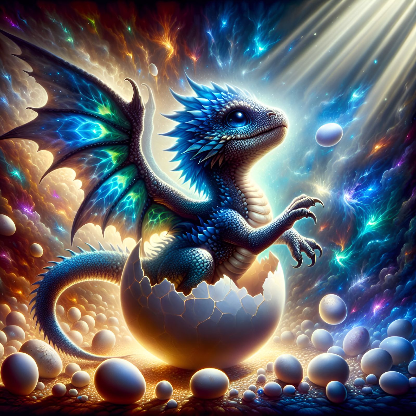 Blue Chibi Dragon Hatching, Oil Painting Style