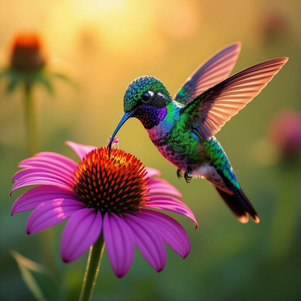 Lucifer Hummingbird Sips Nectar from Cone Flower