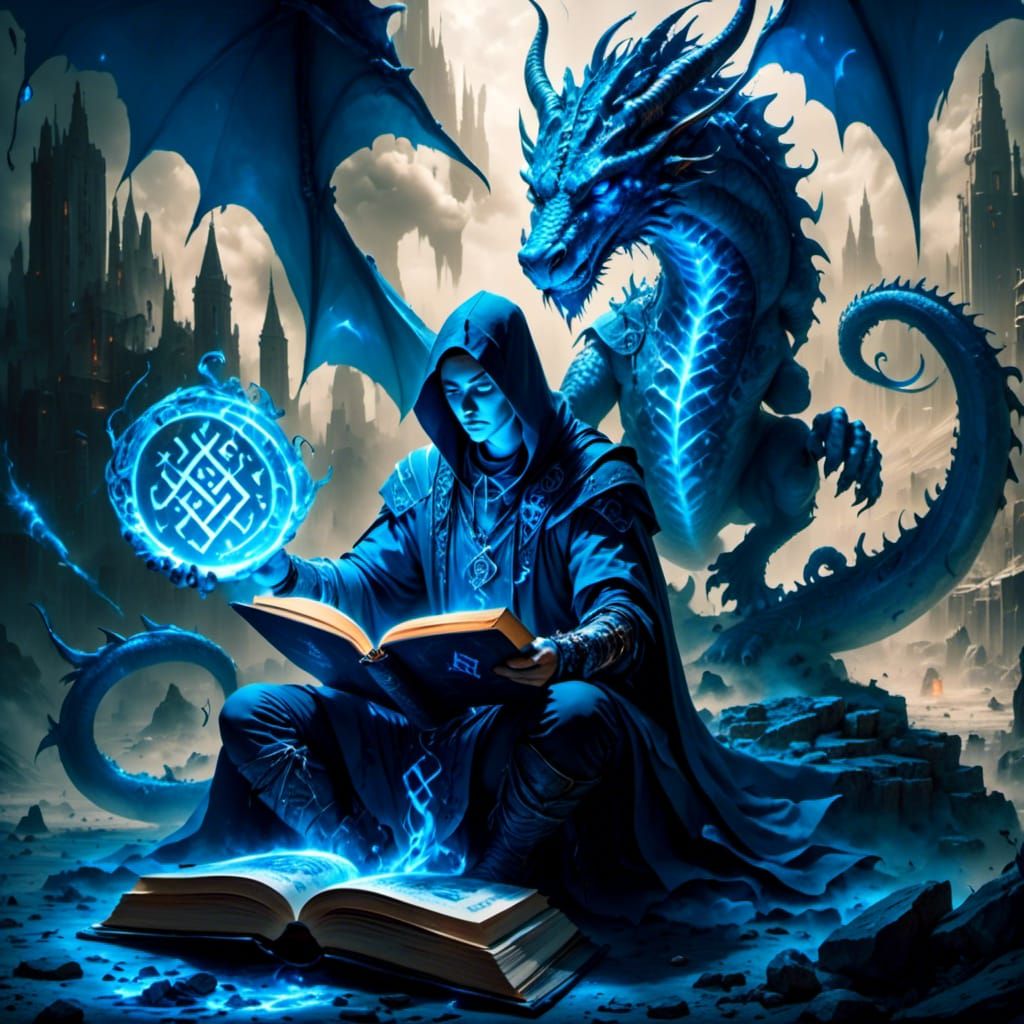 Wizard's Ritual with Glowing Runes and Dragon Guard