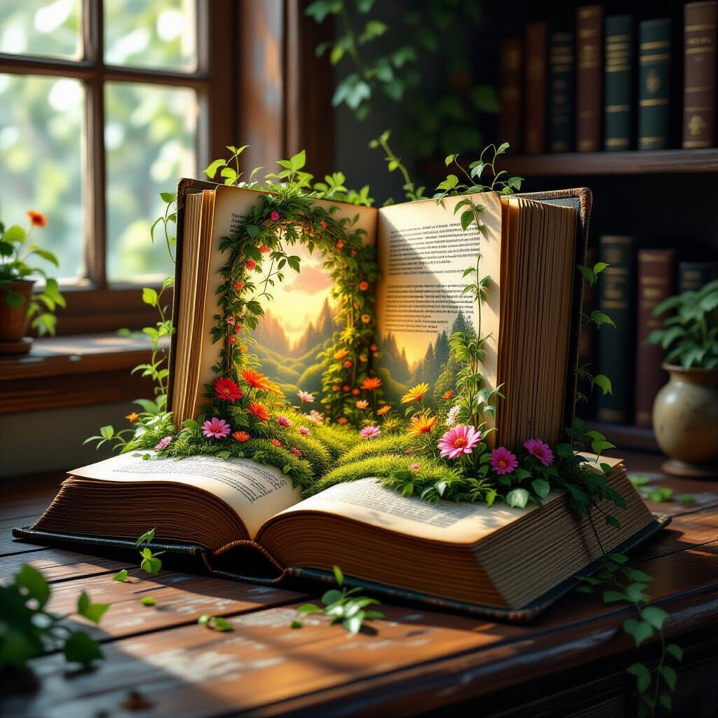 Garden Growing in Book, Detailed Matte Painting